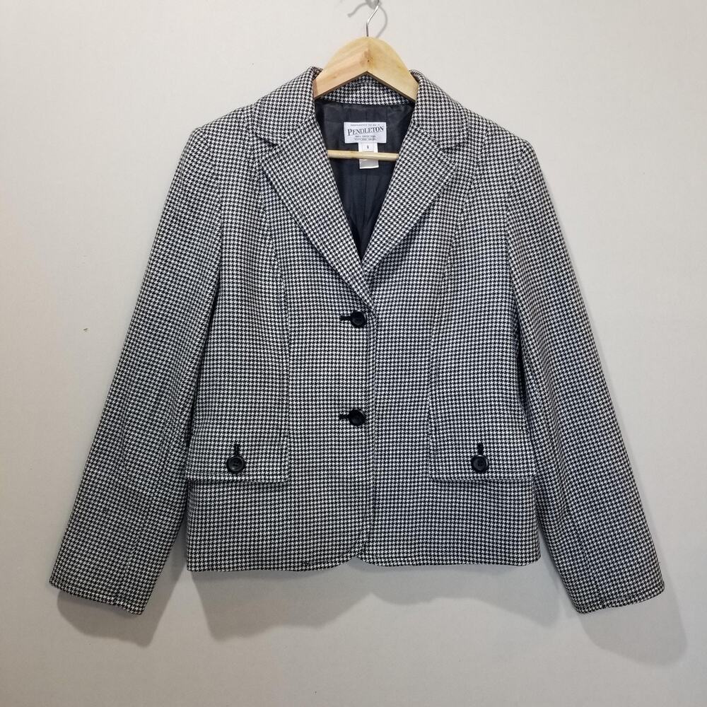 Pendleton Blazer Womens 8 Black Houndstooth Wool Lined Jacket Office Workwear